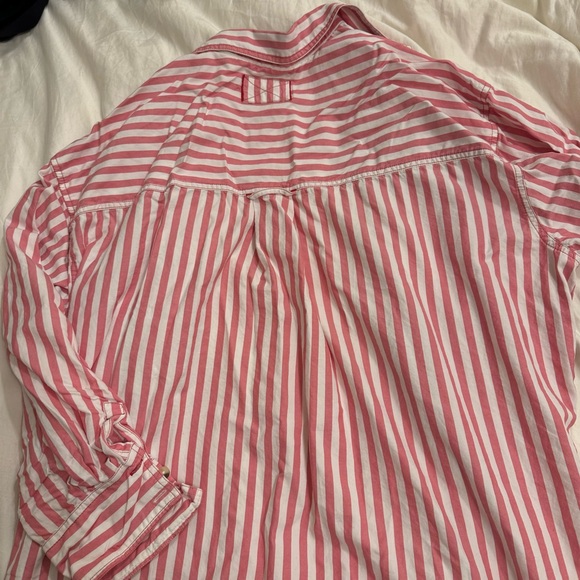 Free People Oversized Coral Pink & White Striped Button Up Shirt - Picture 5 of 7